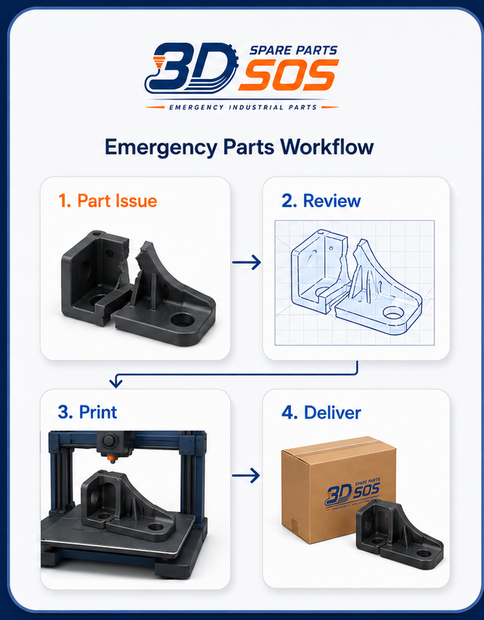 Emergency Parts Workflow graphic showing Part Issue, Review, Print, and Deliver